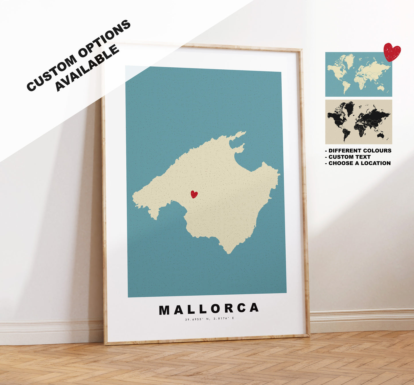 Mallorca Map Print - Personalised Map Gift - Framed or Canvas Options Available - Custom Text Options - Personalised Gift - Spain & Islands