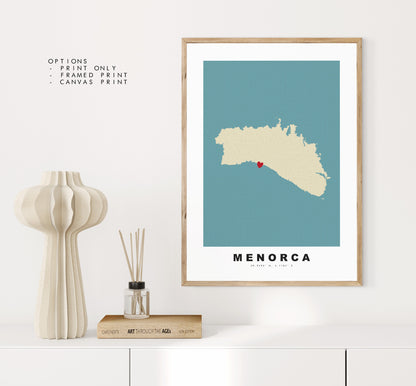 Menorca Map Print - Personalised Map Gift - Framed or Canvas Options Available - Custom Text Options - Personalised Gift - Spain & Islands