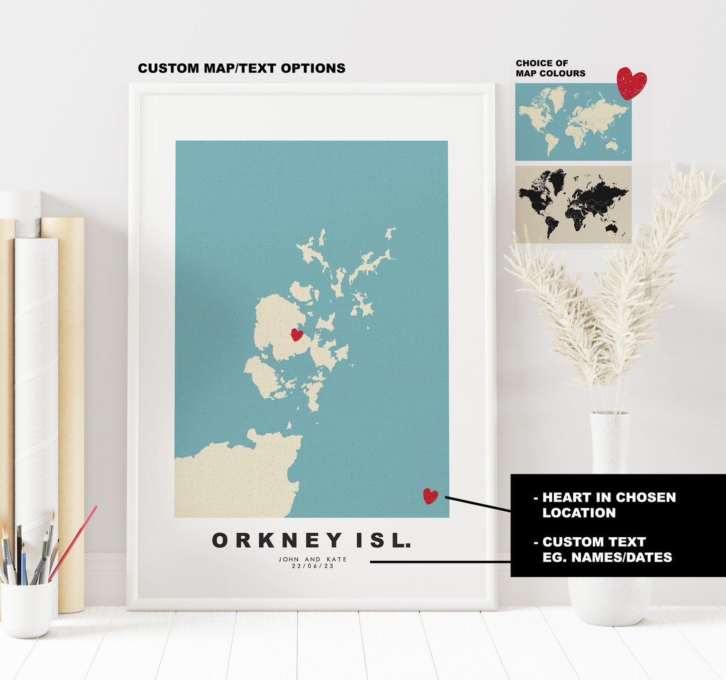 Orkney Map Print - Personalised Map Gift - Framed or Canvas Options Available - Custom Text Options - Personalised Gift - UK and Counties