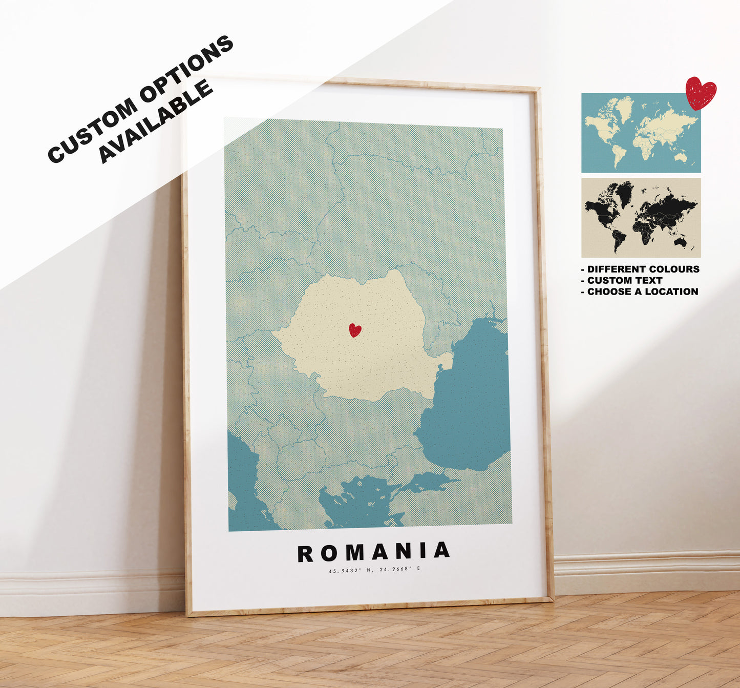 Romania Map Print - Personalised Map Gift - Framed or Canvas Options Available - Custom Text Options - Personalised Gift - Europe