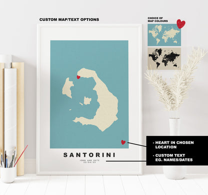 Santorini Map Print - Personalised Map Gift - Framed or Canvas Options Available - Custom Text Options - Personalised Gift - Greece & Islands