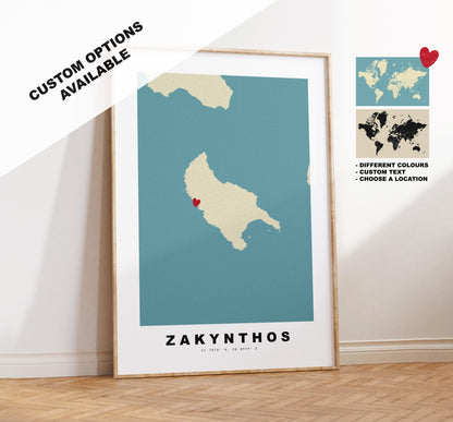 Zakynthos Map Print - Personalised Map Gift - Framed or Canvas Options Available - Custom Text Options - Personalised Gift - Greece & Islands