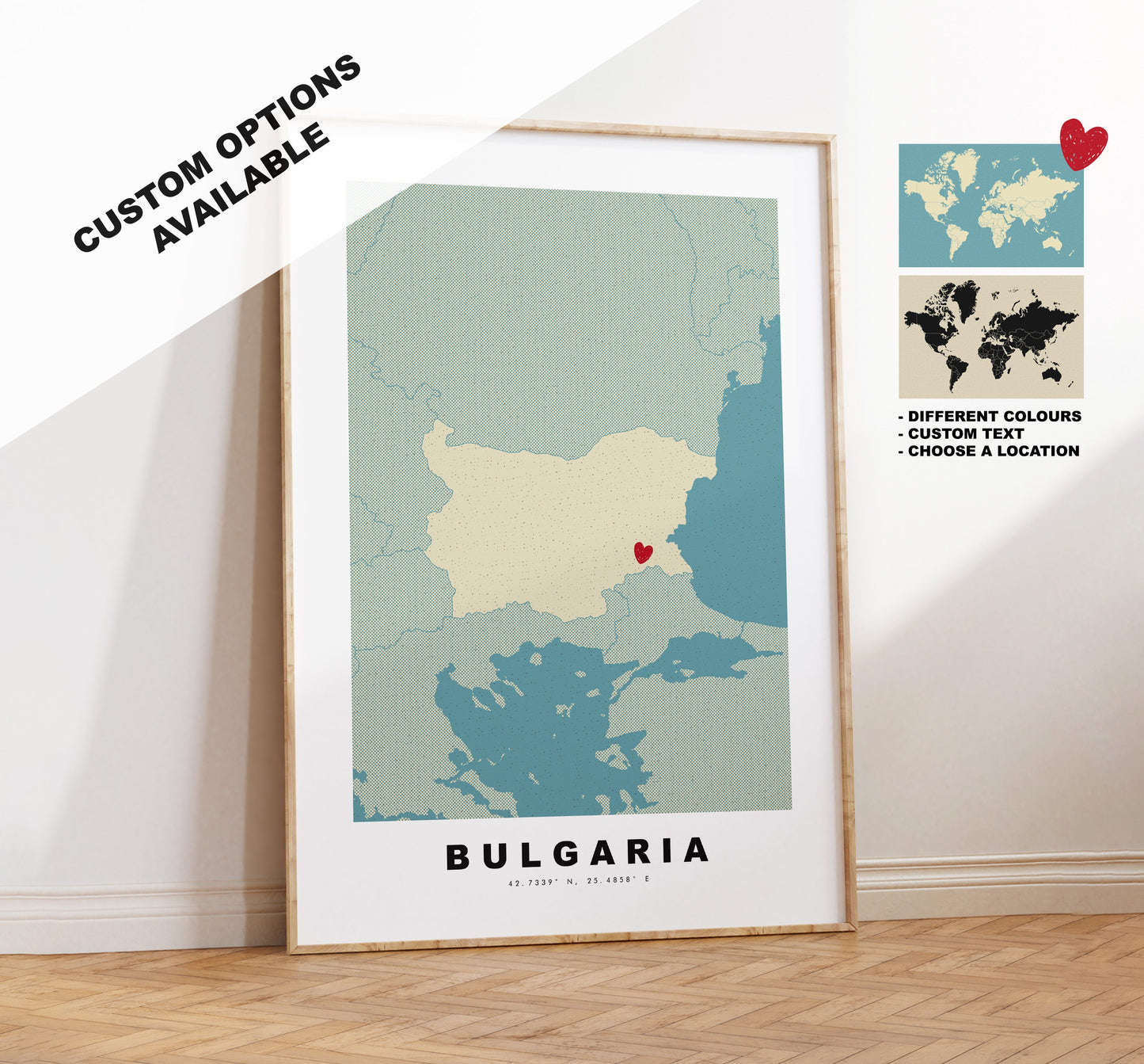 Bulgaria Map Print - Personalised Map Gift - Framed or Canvas Options Available - Custom Text Options - Personalised Gift - Europe