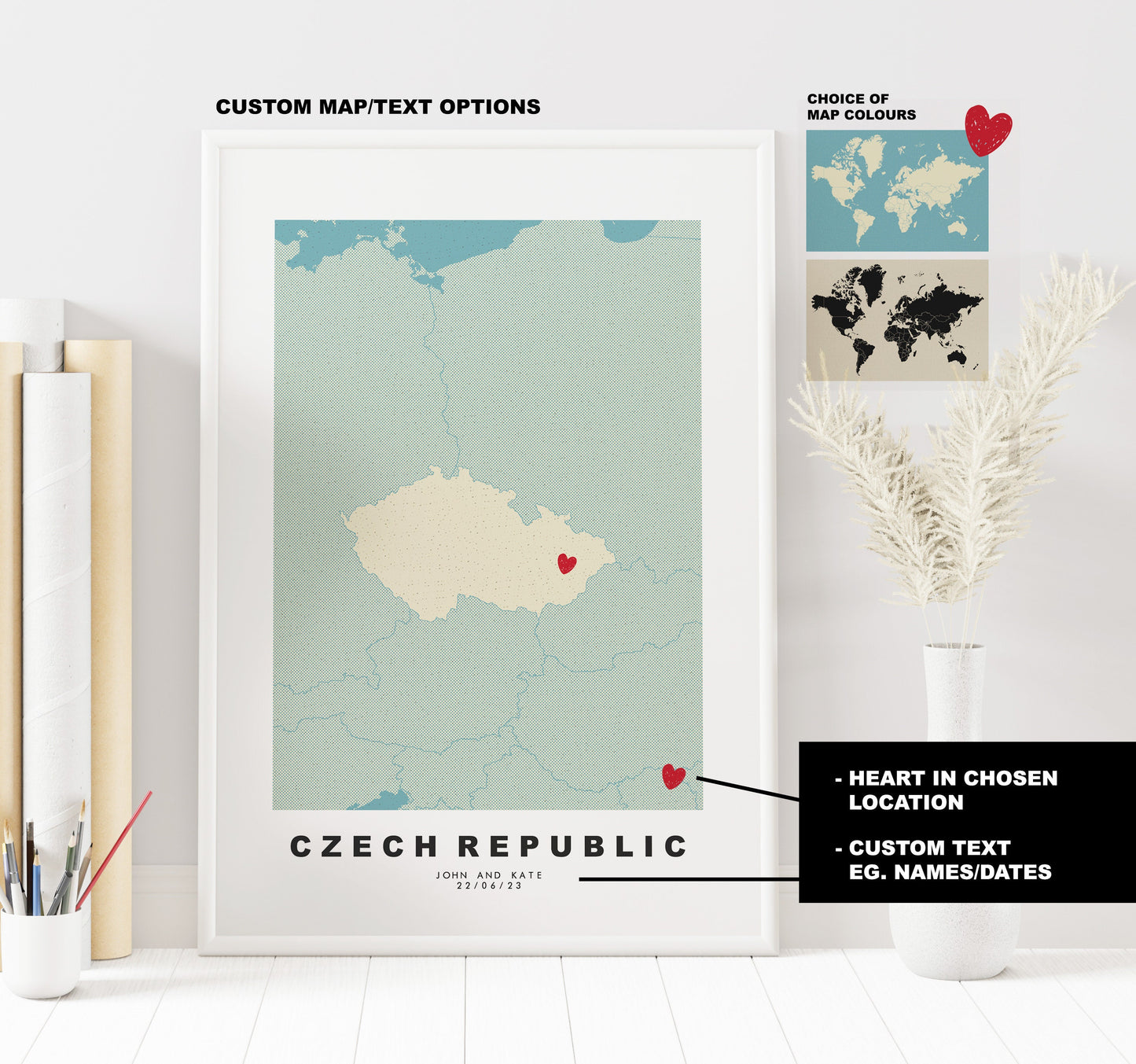 Czech Republic Map Print - Personalised Map Gift - Framed or Canvas Options Available - Custom Text Options - Personalised Gift - Europe