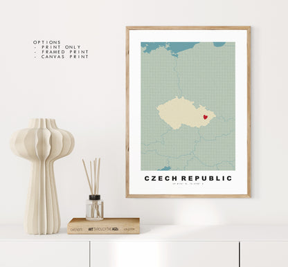 Czech Republic Map Print - Personalised Map Gift - Framed or Canvas Options Available - Custom Text Options - Personalised Gift - Europe