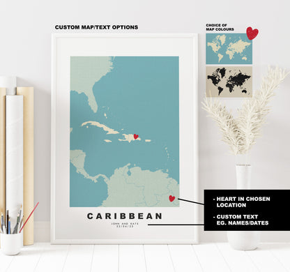 Caribbean Map Print - Personalised Map Gift - Framed or Canvas Options Available - Custom Text Options - Personalised Gift - Carribean