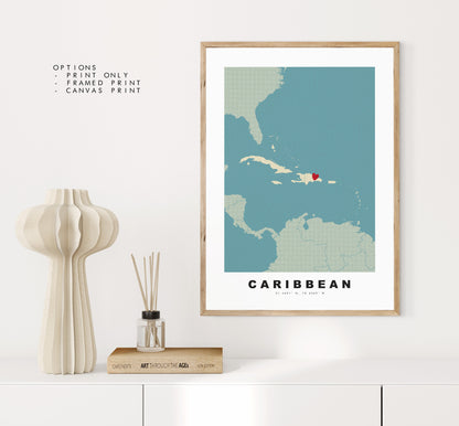 Caribbean Map Print - Personalised Map Gift - Framed or Canvas Options Available - Custom Text Options - Personalised Gift - Carribean