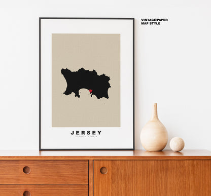 Jersey Map Print - Personalised Map Gift - Framed or Canvas Options Available - Custom Text Options - Personalised Gift - UK and Counties