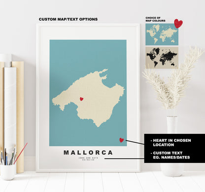 Mallorca Map Print - Personalised Map Gift - Framed or Canvas Options Available - Custom Text Options - Personalised Gift - Spain & Islands