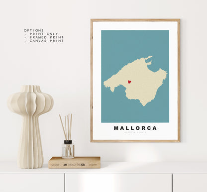 Mallorca Map Print - Personalised Map Gift - Framed or Canvas Options Available - Custom Text Options - Personalised Gift - Spain & Islands