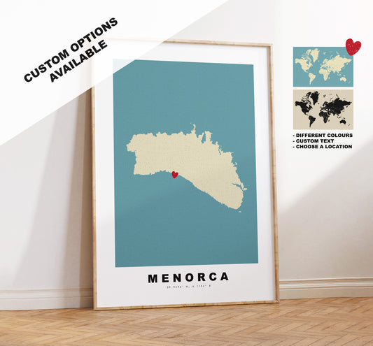 Menorca Map Print - Personalised Map Gift - Framed or Canvas Options Available - Custom Text Options - Personalised Gift - Spain & Islands