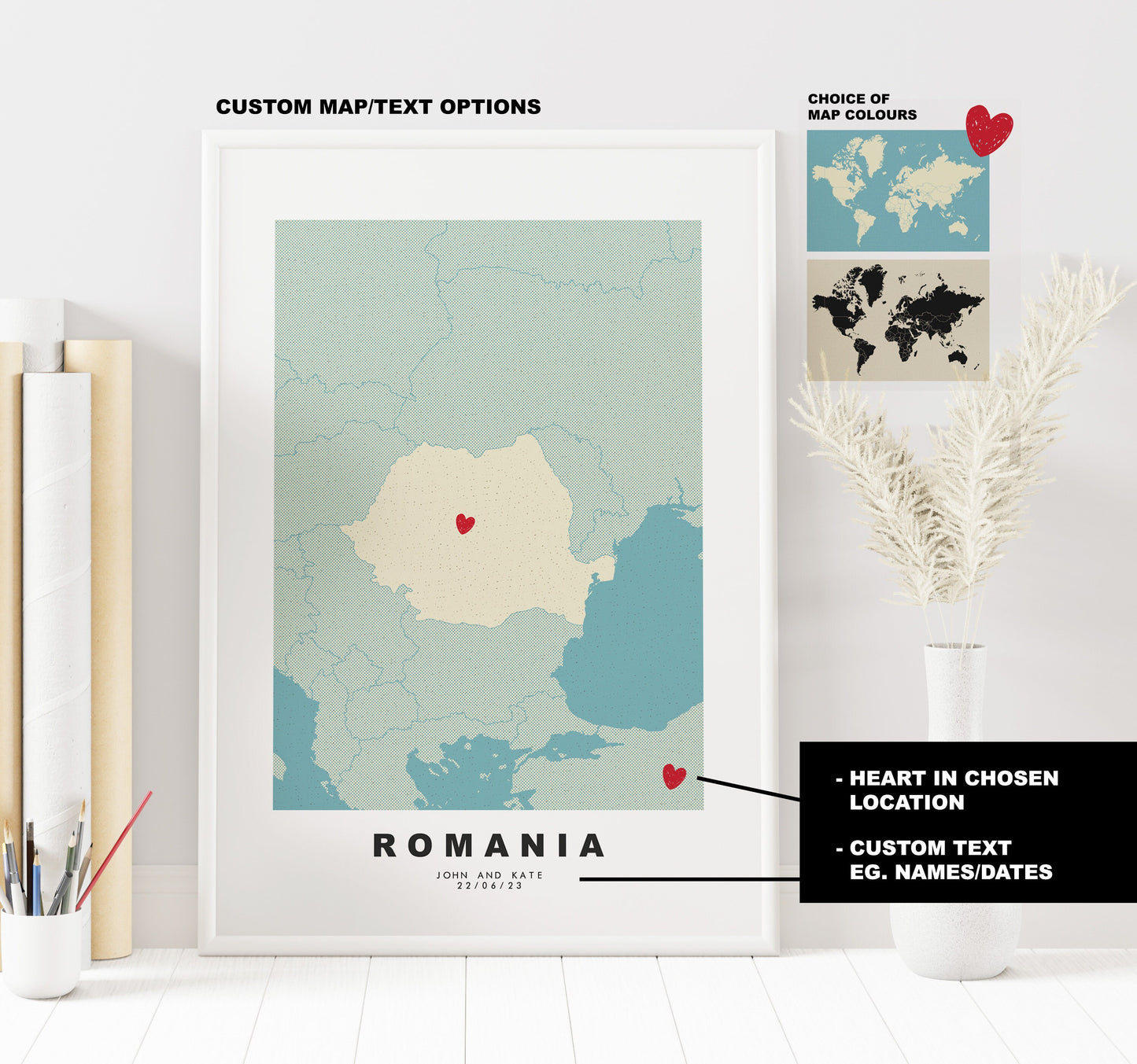 Romania Map Print - Personalised Map Gift - Framed or Canvas Options Available - Custom Text Options - Personalised Gift - Europe