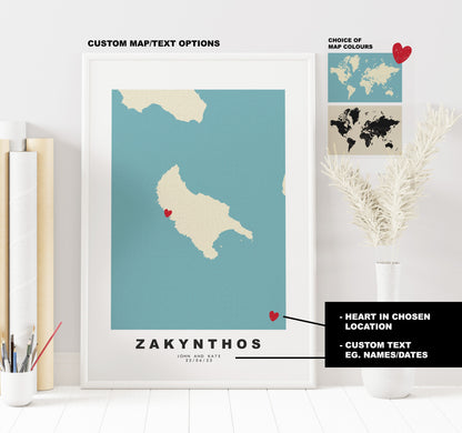 Zakynthos Map Print - Personalised Map Gift - Framed or Canvas Options Available - Custom Text Options - Personalised Gift - Greece & Islands