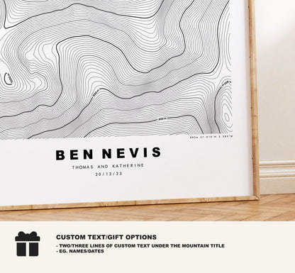 Ben Nevis Print - Contour Map - Ben Nevis Poster - Scotland - Topographic Map - Custom Text Options - Munro Bagging - Beinn Nibheis