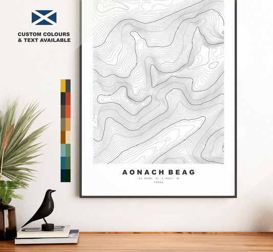 Aonach Beag Print - Contour Map - Aonach Beag Poster - Scotland - Topographic Map - Print - Wall Art - Aonach Beag Map - Munros - Topography