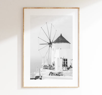 Santorini Black and White Print - Greece - Print - Poster - Santorini Photography - Greece Wall Art - Monochrome - Windmill - Black & White