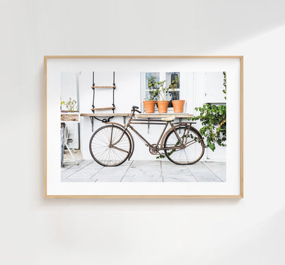 Bike Photography Print - Greece - Print - Poster - Santorini Photography - Greece Wall Art - Rustic Bike - Landscape - Bike Wall Art