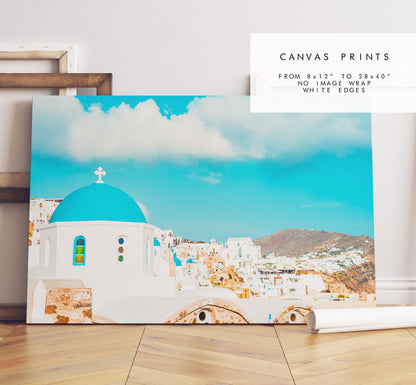 Santorini Landscape Photography Print - Greece - Print - Poster - Santorini Photography - Greece Wall Art - Blue Dome - Blue Church - Gift