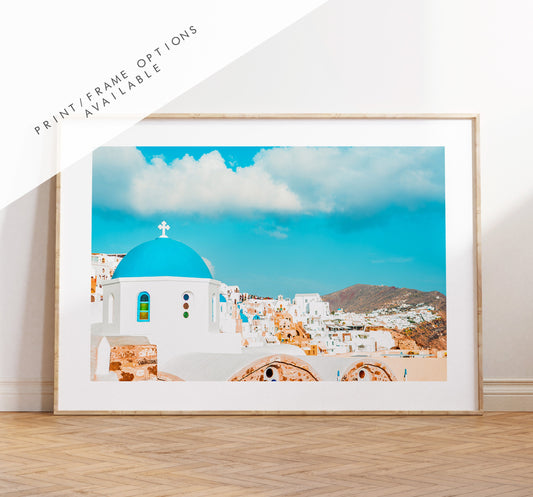 Santorini Landscape Photography Print - Greece - Print - Poster - Santorini Photography - Greece Wall Art - Blue Dome - Blue Church - Gift