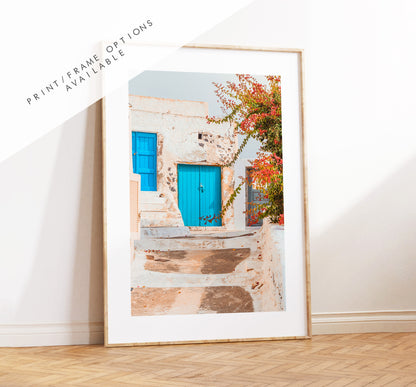 Greece Architecture Photography Print - Greece - Print - Poster - Santorini Photography - Greece Wall Art - Blue Door - Flowers - Greek Art