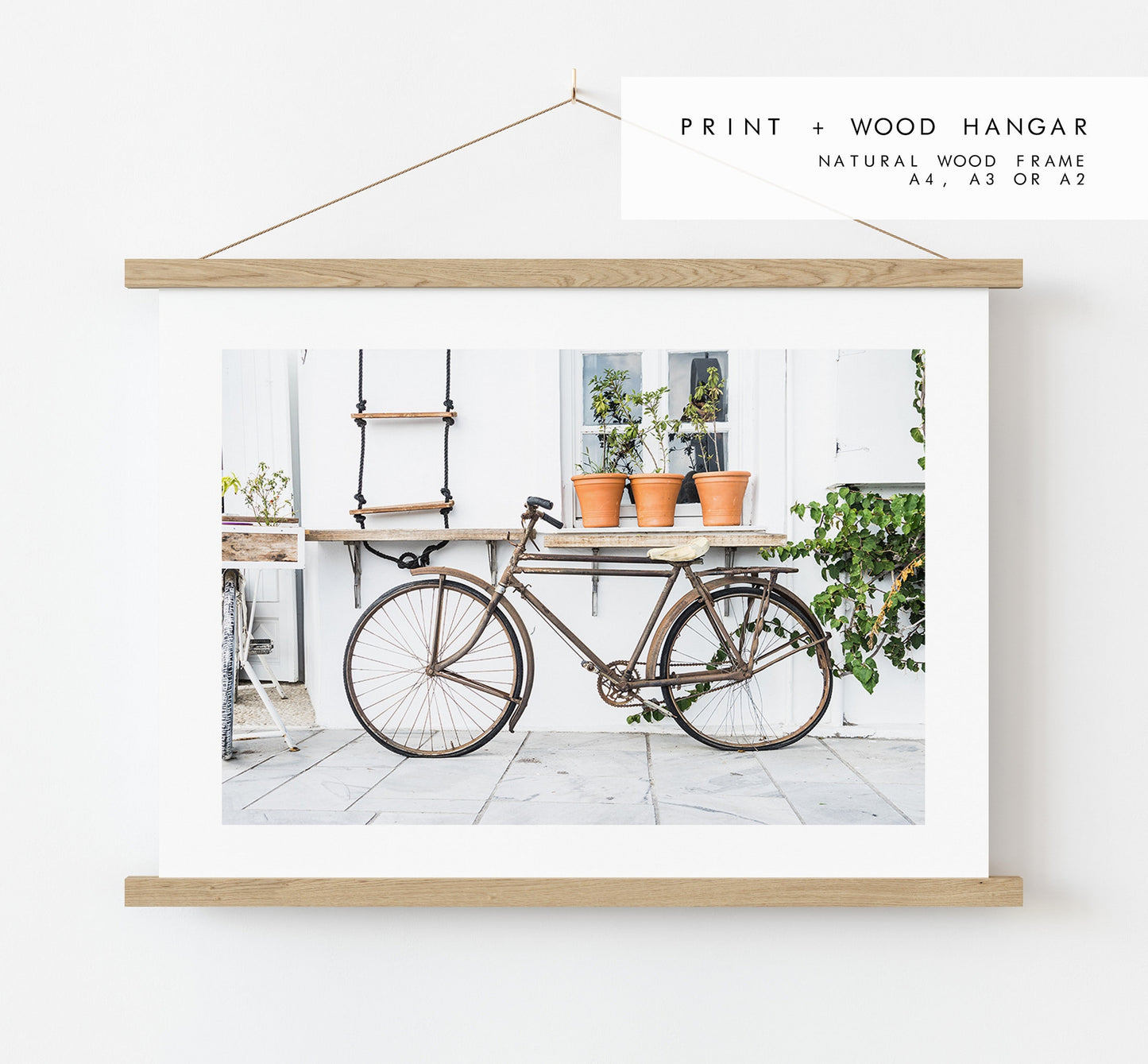 Bike Photography Print - Greece - Print - Poster - Santorini Photography - Greece Wall Art - Rustic Bike - Landscape - Bike Wall Art