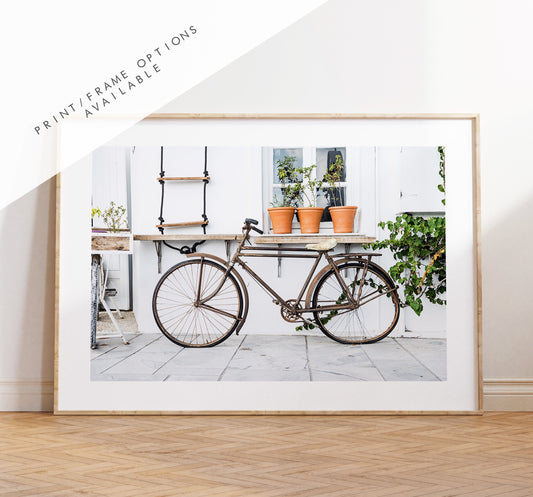 Bike Photography Print - Greece - Print - Poster - Santorini Photography - Greece Wall Art - Rustic Bike - Landscape - Bike Wall Art