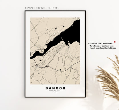 Bangor Map Print - Minimalist City Map Poster - Map Art - Wales - Bangor Print - Bangor Poster - Different Colours Available