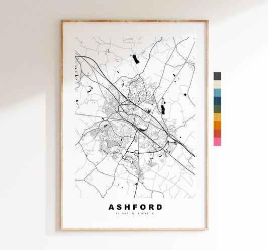 Ashford Map Print - Minimalist City Map Poster - Map Art - Kent - Ashford Print - Ashford Poster - Different Colours Available