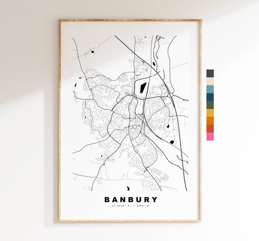 Banbury Map Print - Minimalist City Map Poster - Map Wall Art - UK - Banbury Print - Banbury Poster - Different Colours Available