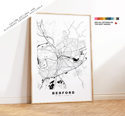 Bedford Map Print - Minimalist City Map Poster - Map Wall Art - UK - Bedford Print - Bedford Poster - Different Colours Available