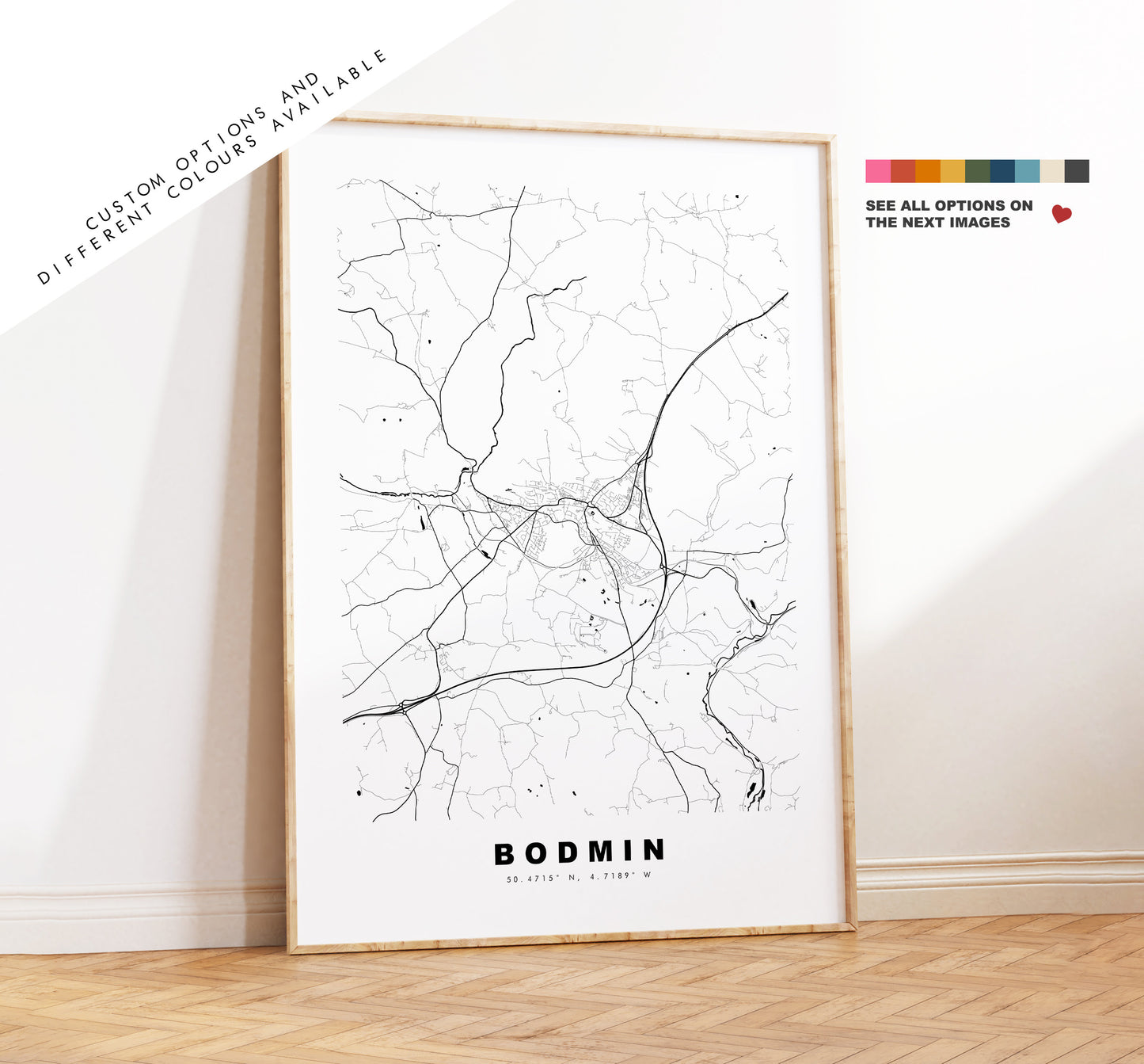 Bodmin Map Print - Minimalist City Map Poster - Map Wall Art - UK - Bodmin Print - Bodmin Poster - Different Colours Available