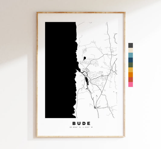 Bude Map Print - Minimalist City Map Poster - Map Wall Art - UK - Bude Print - Bude Poster - Different Colours Available