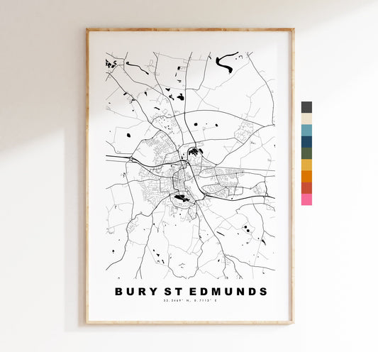 Bury St Edmunds Map Print - Minimalist City Map Poster - Map Wall Art - UK - Bury St Edmunds Print - Poster - Different Colours Available