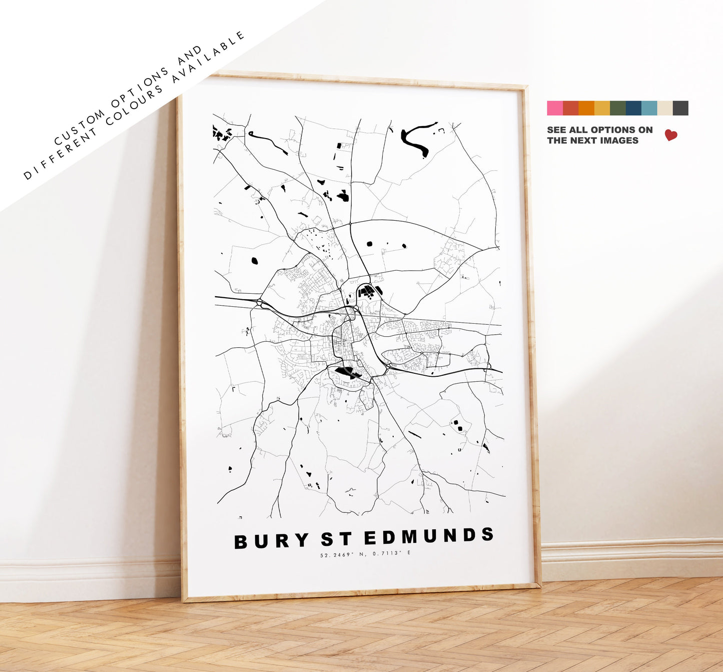 Bury St Edmunds Map Print - Minimalist City Map Poster - Map Wall Art - UK - Bury St Edmunds Print - Poster - Different Colours Available