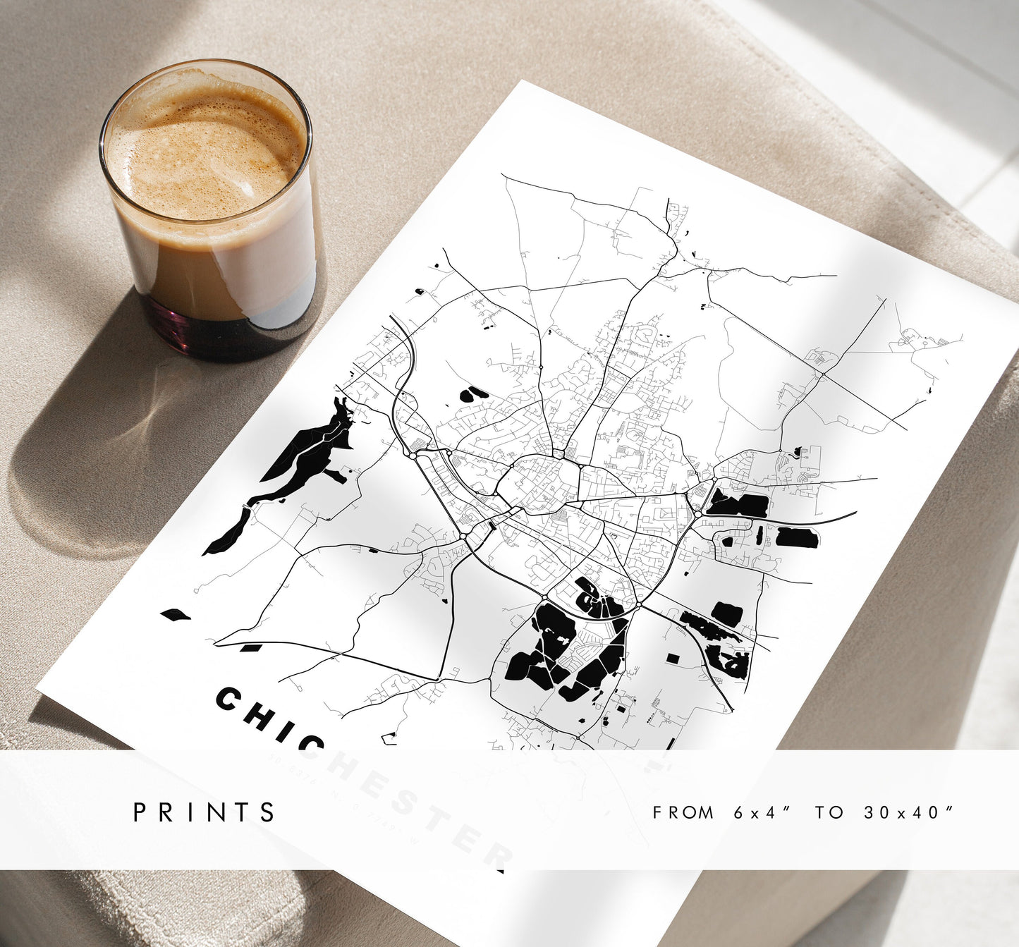 Chichester Map Print - Minimalist City Map Poster - Map Wall Art - UK - Chichester Print - Chichester Poster - Different Colours Available