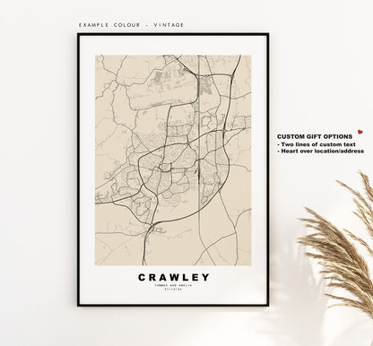 Crawley Map Print - Minimalist City Map Poster - Map Wall Art - UK - Crawley Print - Crawley Poster - Different Colours Available