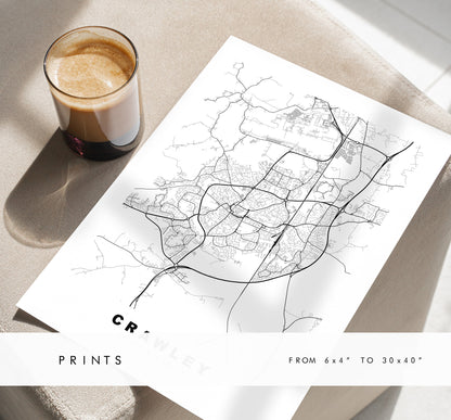 Crawley Map Print - Minimalist City Map Poster - Map Wall Art - UK - Crawley Print - Crawley Poster - Different Colours Available