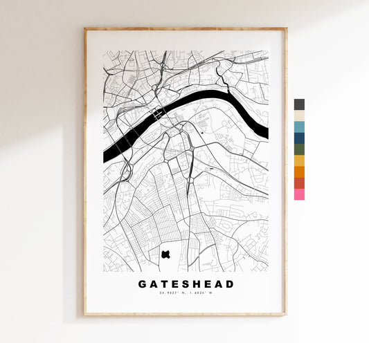 Gateshead Map Print - Minimalist City Map Poster - Map Wall Art - UK - Gateshead Print - Gateshead Poster - Different Colours Available