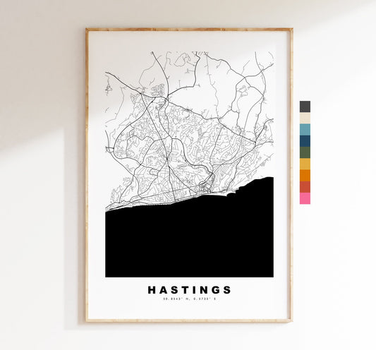 Hastings Map Print - Minimalist City Map Poster - Map Wall Art - UK - Hastings Print - Hastings Poster - Different Colours Available