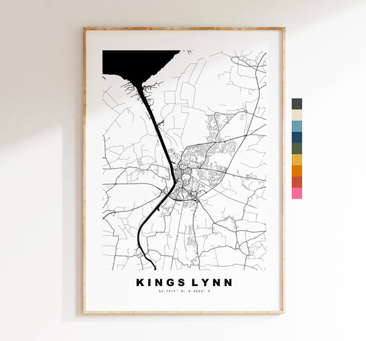 Kings Lynn Map Print - Minimalist City Map Poster - Map Wall Art - UK - Kings Lynn Print - Kings Lynn Poster - Different Colours Available