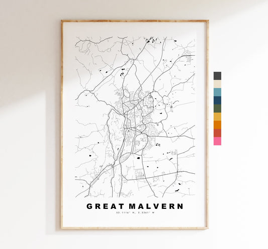 Great Malvern Map Print - Minimalist City Map Poster - Map Art - UK - Great Malvern Print - Malvern Poster - Different Colours Available