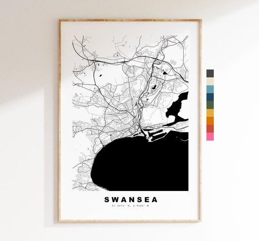 Swansea Map Print - Minimalist City Map Poster - Map Art - Wales - Swansea Print - Swansea Poster - Different Colours Available