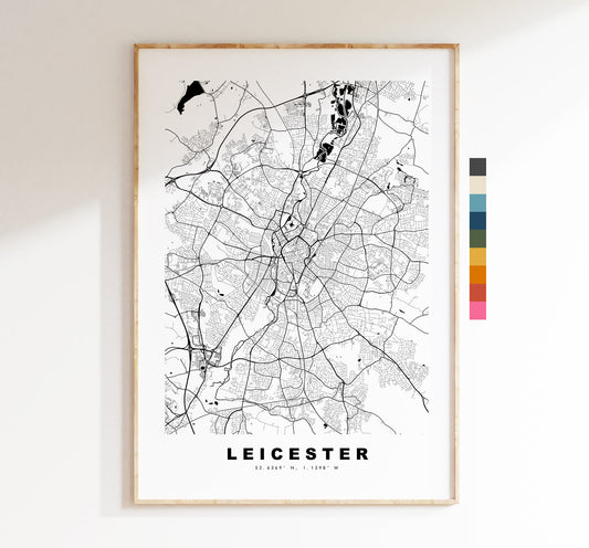 Leicester Map Print - Minimalist City Map Poster - Map Art - UK - Leicester Print - Leicester Poster - Different Colours Available