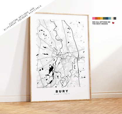 Bury Map Print - Minimalist City Map Poster - Map Wall Art - UK - Bury Print - Bury Poster - Different Colours Available