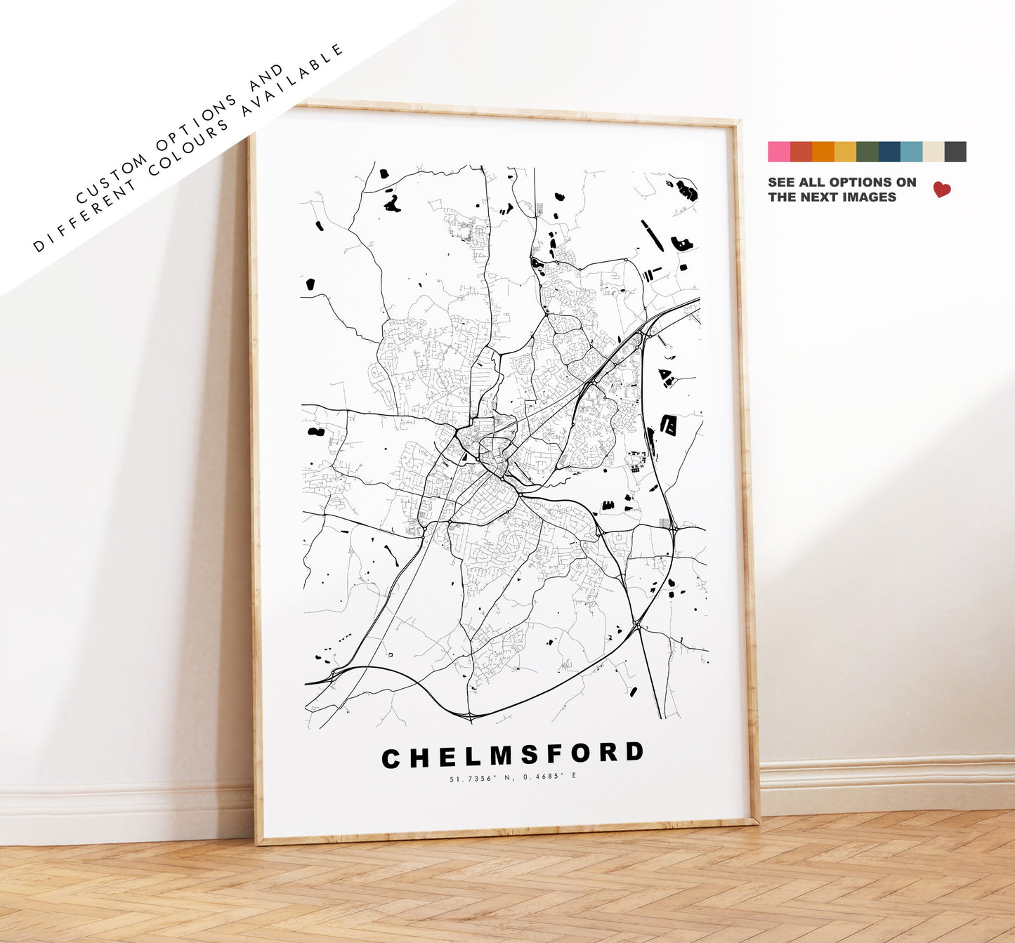 Chelmsford Map Print - Minimalist City Map Poster - Map Wall Art - UK - Chelmsford Print - Chelmsford Poster - Different Colours Available