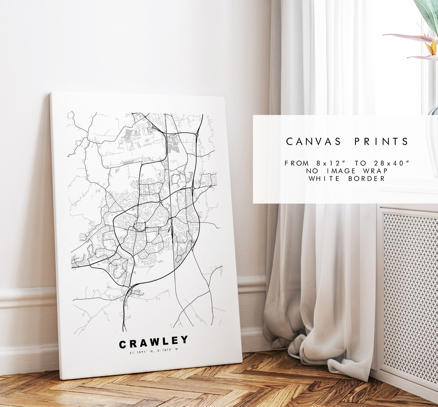 Crawley Map Print - Minimalist City Map Poster - Map Wall Art - UK - Crawley Print - Crawley Poster - Different Colours Available