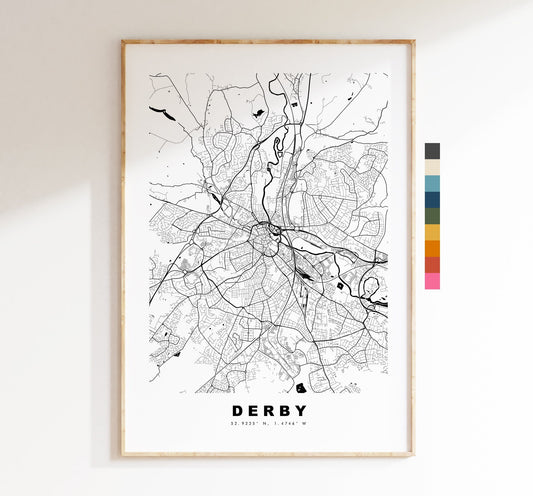 Derby Map Print - Minimalist City Map Poster - Map Wall Art - UK - Derby Print - Derby Poster - Different Colours Available