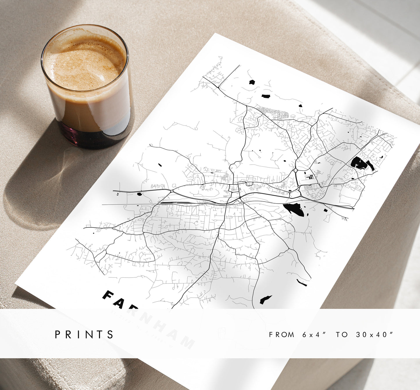 Farnham Map Print - Minimalist City Map Poster - Map Wall Art - UK - Farnham Print - Farnham Poster - Different Colours Available