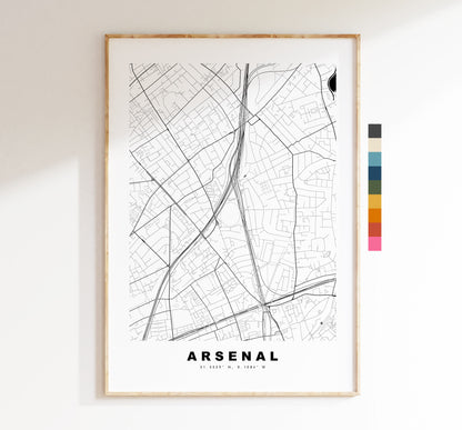 Arsenal Map Print - Minimalist City Map Poster - Map Art - London, UK - Arsenal Print - Arsenal Poster - Different Colours Available