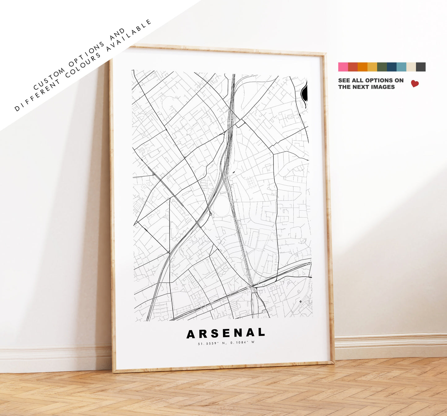 Arsenal Map Print - Minimalist City Map Poster - Map Art - London, UK - Arsenal Print - Arsenal Poster - Different Colours Available